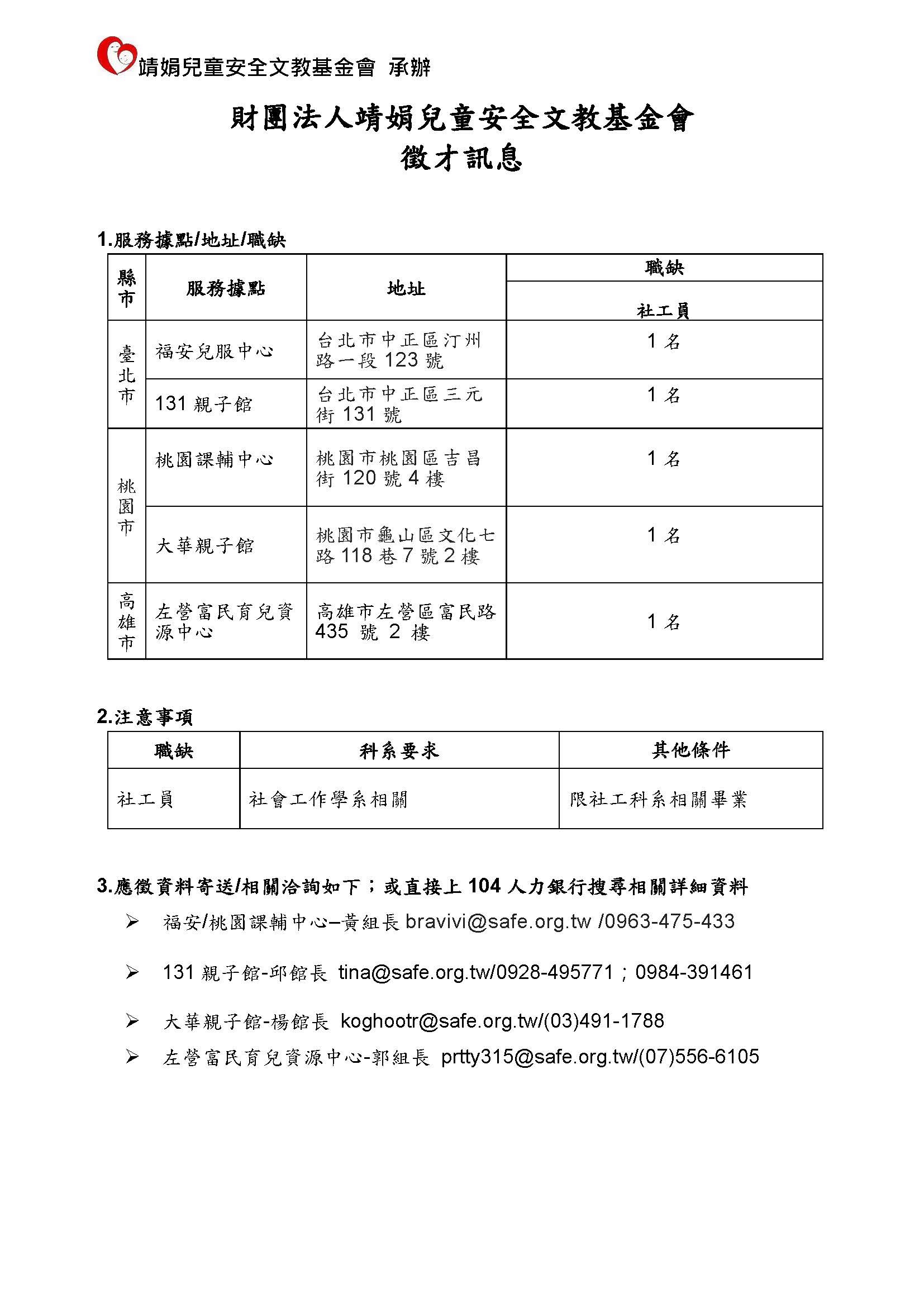 財團法人靖娟兒童安全文教基金會 - 社工人員 徵才訊息