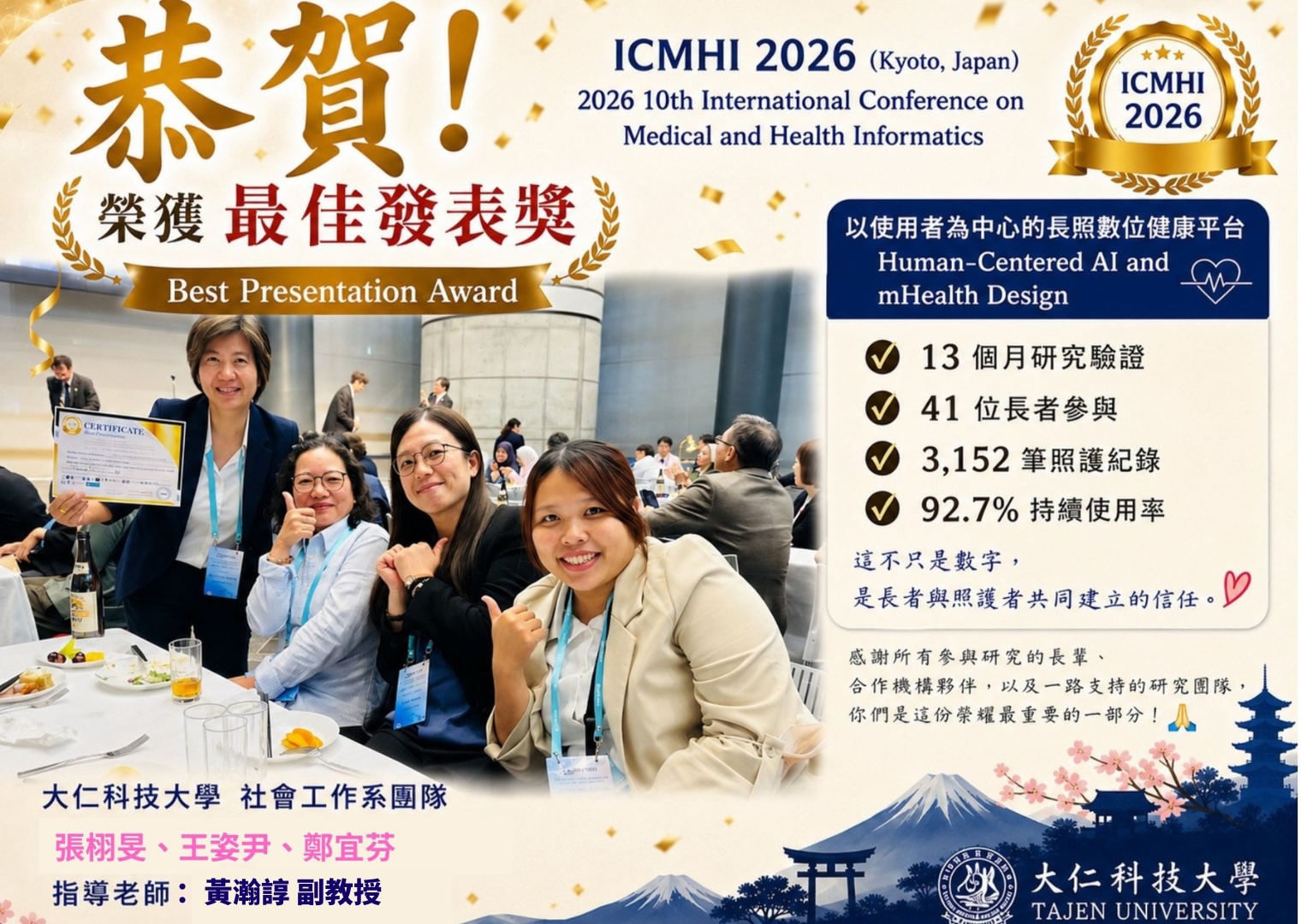 榮耀時刻！ICMHI 2026（京都） 榮獲 最佳發表獎
